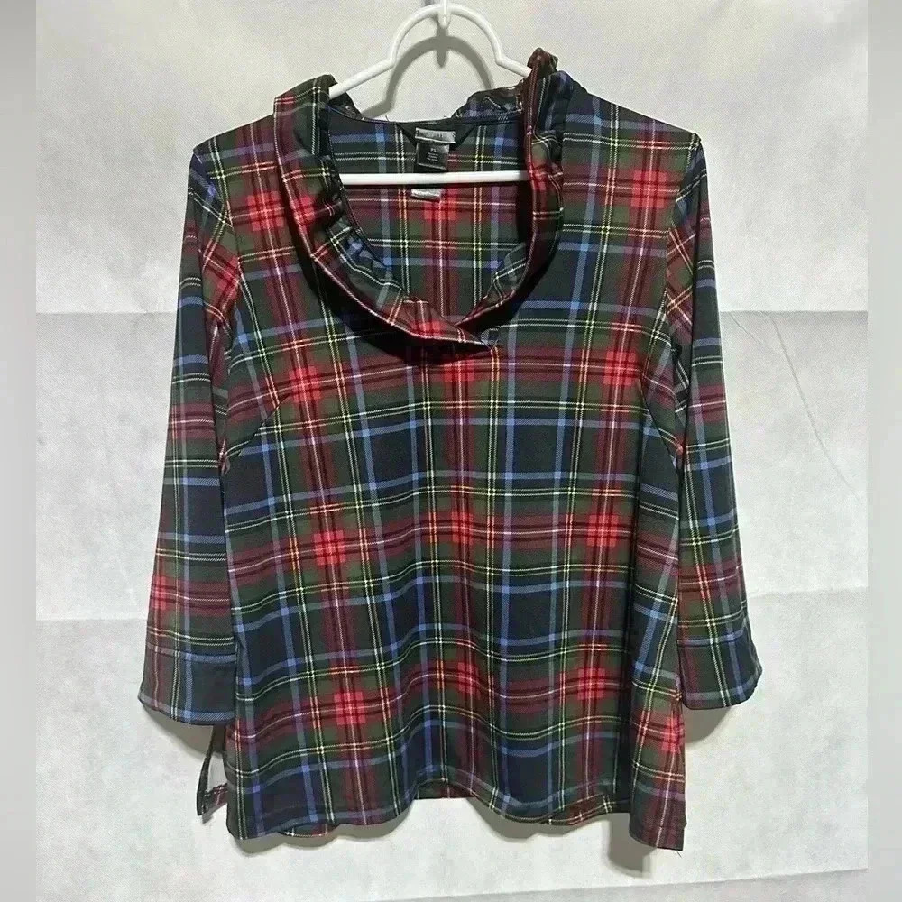 Ali Miles Women’s Petite S Multicolor Plaid Ruffle Neck Stretch Satin Blouse